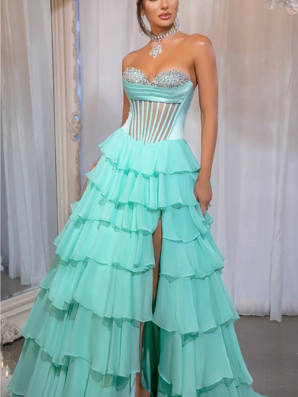 Portia and Scarlett Mint Strapless Ruffled Corset Gown